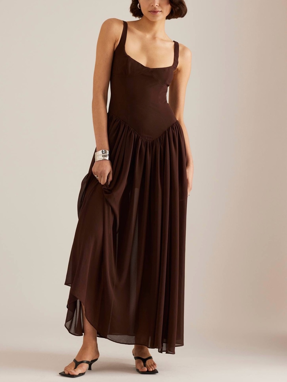 Bardot Brianna Drop Waist Maxi Dress Chocolate Brown Pleated Wedding Guest Sz L - Picture 5 of 5